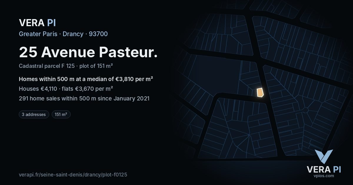 25 Avenue Pasteur, Drancy at night – the plot lit, the parcels around coloured by the prices near them