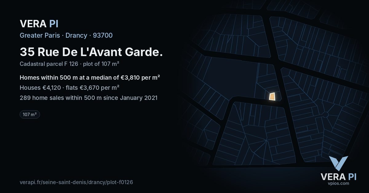 35 Rue De L'Avant Garde, Drancy at night – the plot lit, the parcels around coloured by the prices near them