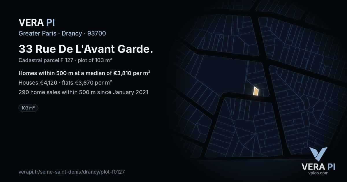 33 Rue De L'Avant Garde, Drancy at night – the plot lit, the parcels around coloured by the prices near them