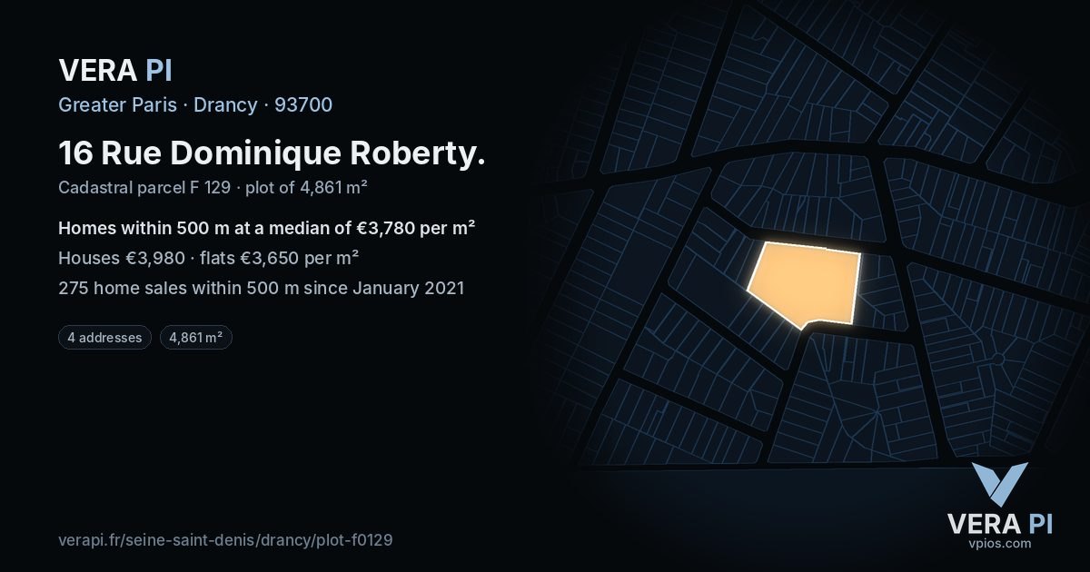 16 Rue Dominique Roberty, Drancy at night – the plot lit, the parcels around coloured by the prices near them