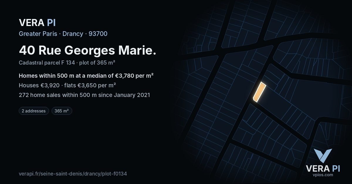 40 Rue Georges Marie, Drancy at night – the plot lit, the parcels around coloured by the prices near them