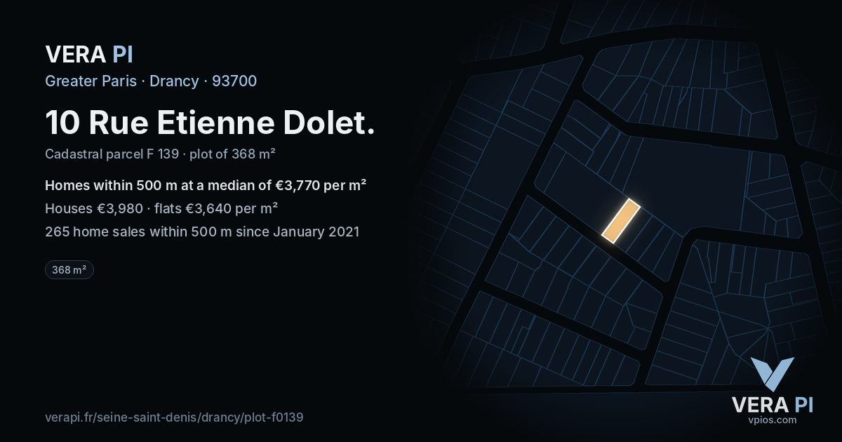10 Rue Etienne Dolet, Drancy at night – the plot lit, the parcels around coloured by the prices near them
