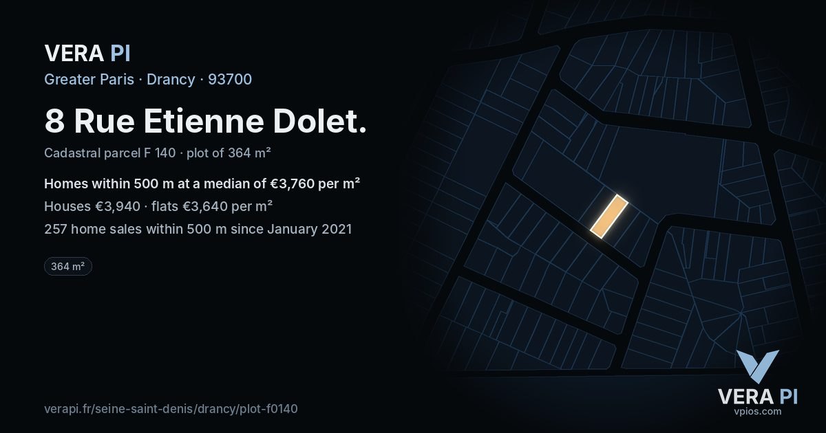 8 Rue Etienne Dolet, Drancy at night – the plot lit, the parcels around coloured by the prices near them