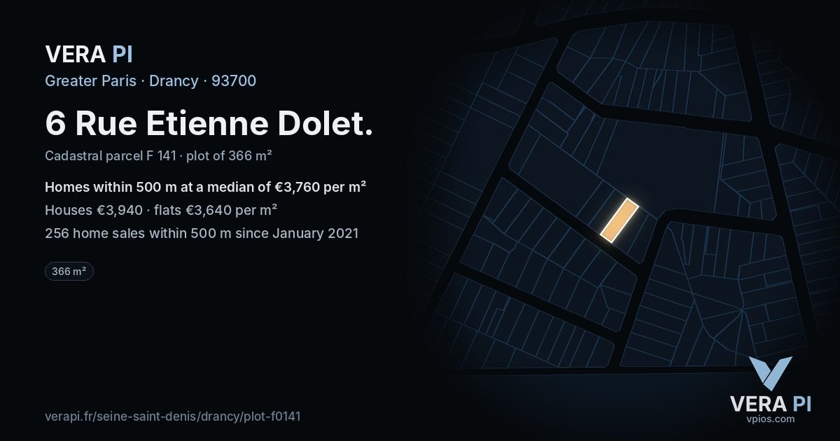 6 Rue Etienne Dolet, Drancy at night – the plot lit, the parcels around coloured by the prices near them