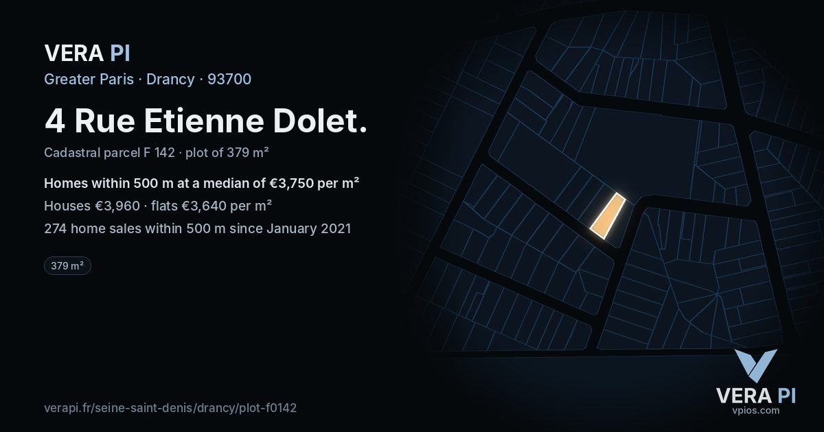 4 Rue Etienne Dolet, Drancy at night – the plot lit, the parcels around coloured by the prices near them