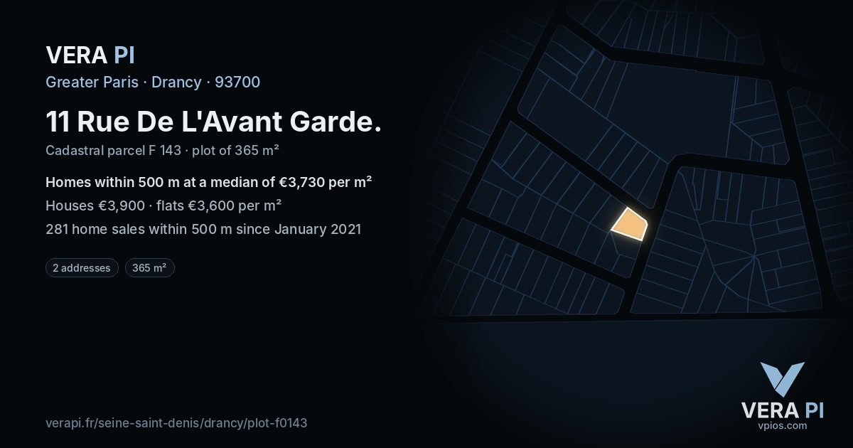 11 Rue De L'Avant Garde, Drancy at night – the plot lit, the parcels around coloured by the prices near them