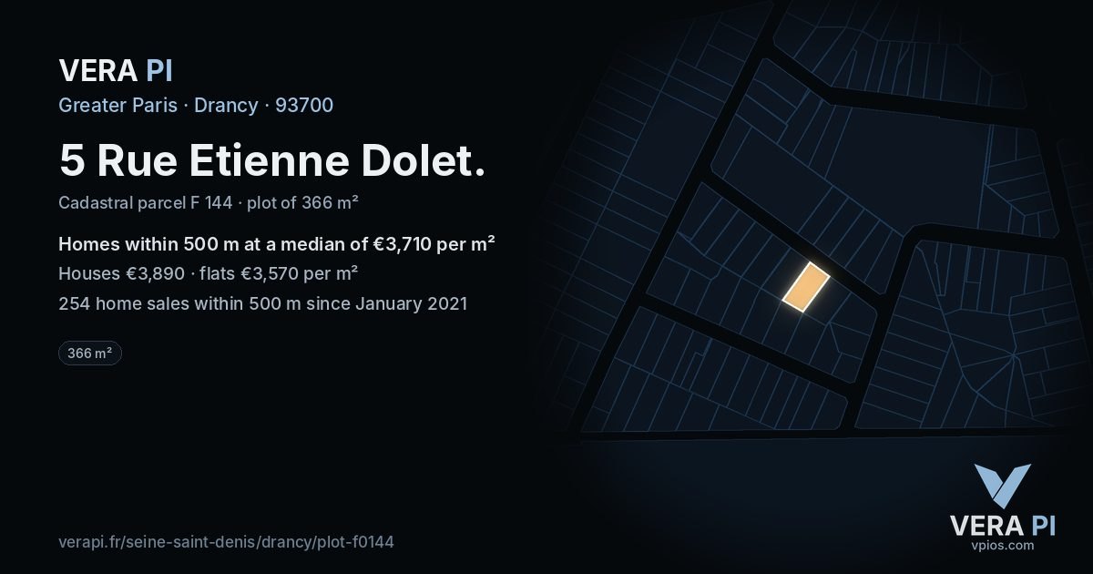 5 Rue Etienne Dolet, Drancy at night – the plot lit, the parcels around coloured by the prices near them