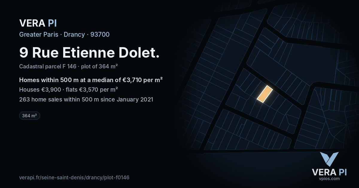 9 Rue Etienne Dolet, Drancy at night – the plot lit, the parcels around coloured by the prices near them