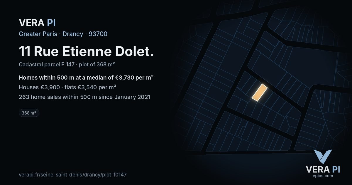 11 Rue Etienne Dolet, Drancy at night – the plot lit, the parcels around coloured by the prices near them