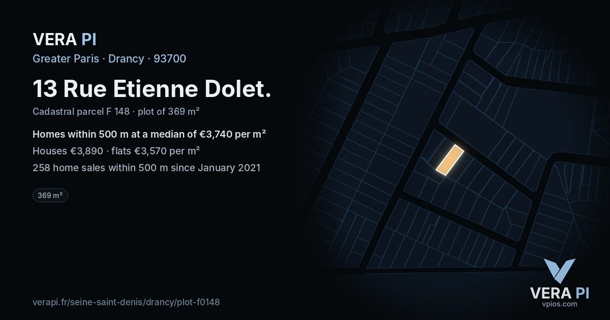 13 Rue Etienne Dolet, Drancy at night – the plot lit, the parcels around coloured by the prices near them