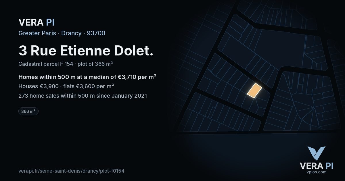 3 Rue Etienne Dolet, Drancy at night – the plot lit, the parcels around coloured by the prices near them