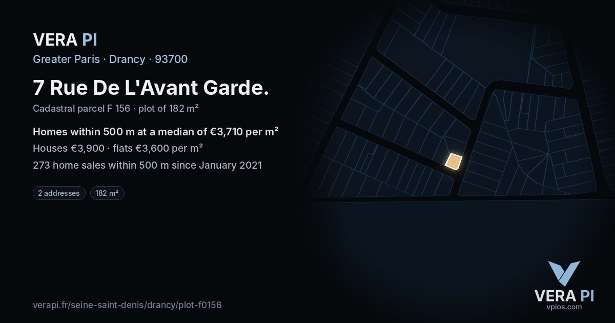 7 Rue De L'Avant Garde, Drancy at night – the plot lit, the parcels around coloured by the prices near them