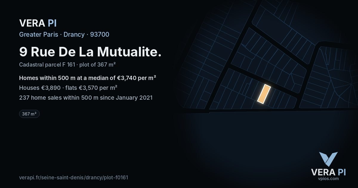 9 Rue De La Mutualite, Drancy at night – the plot lit, the parcels around coloured by the prices near them