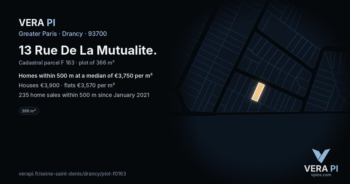 13 Rue De La Mutualite, Drancy at night – the plot lit, the parcels around coloured by the prices near them