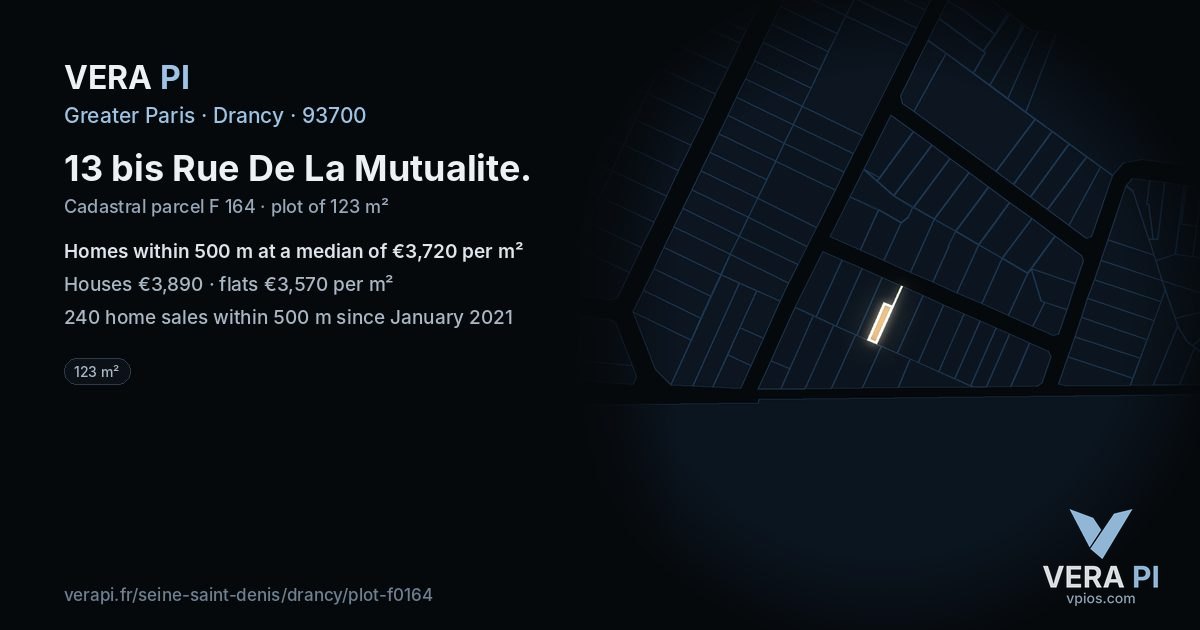13 bis Rue De La Mutualite, Drancy at night – the plot lit, the parcels around coloured by the prices near them