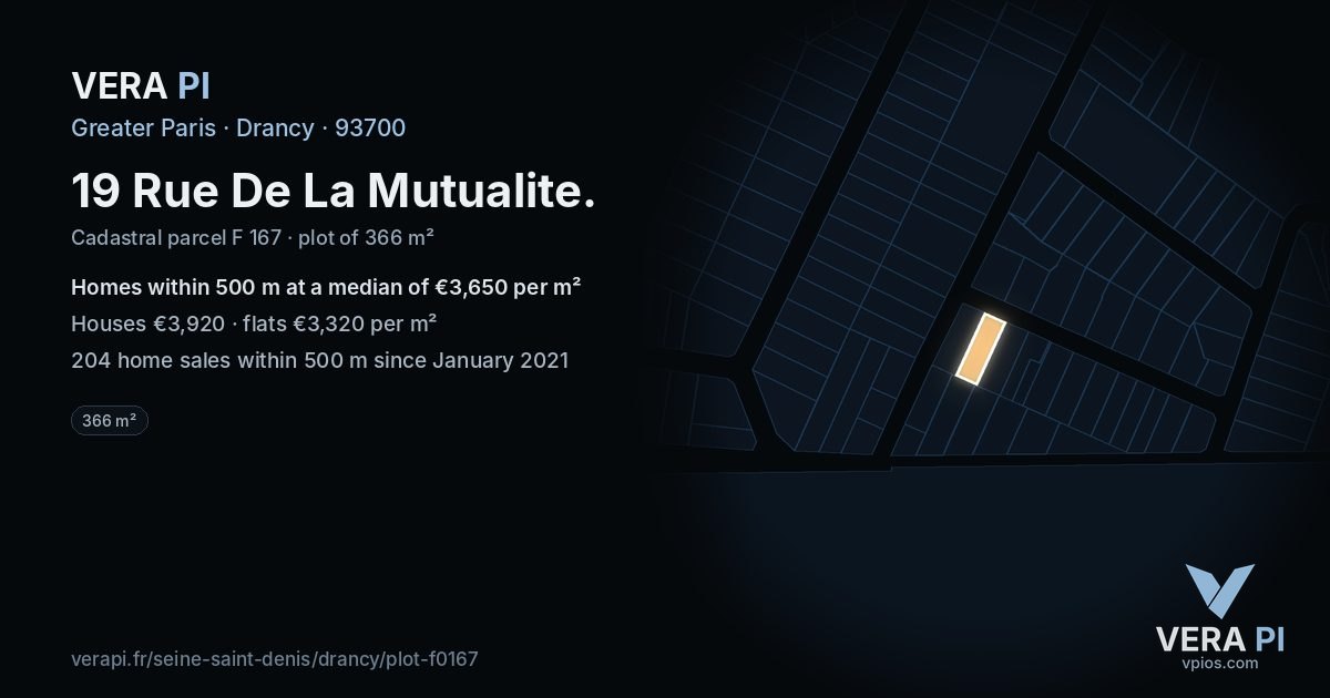 19 Rue De La Mutualite, Drancy at night – the plot lit, the parcels around coloured by the prices near them