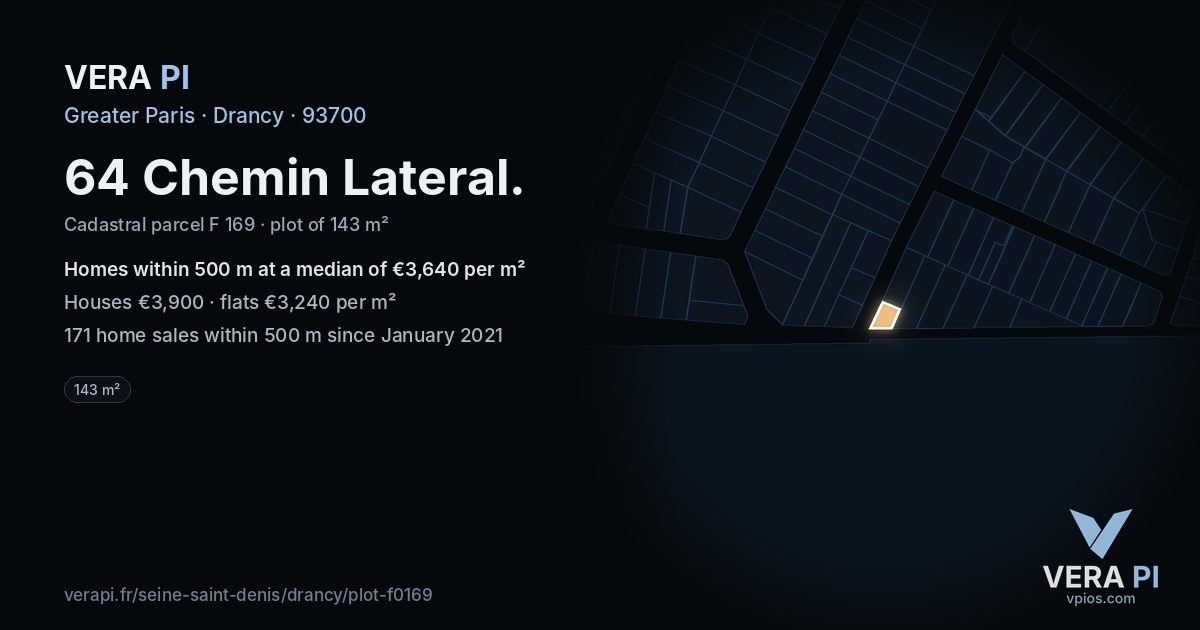 64 Chemin Lateral, Drancy at night – the plot lit, the parcels around coloured by the prices near them