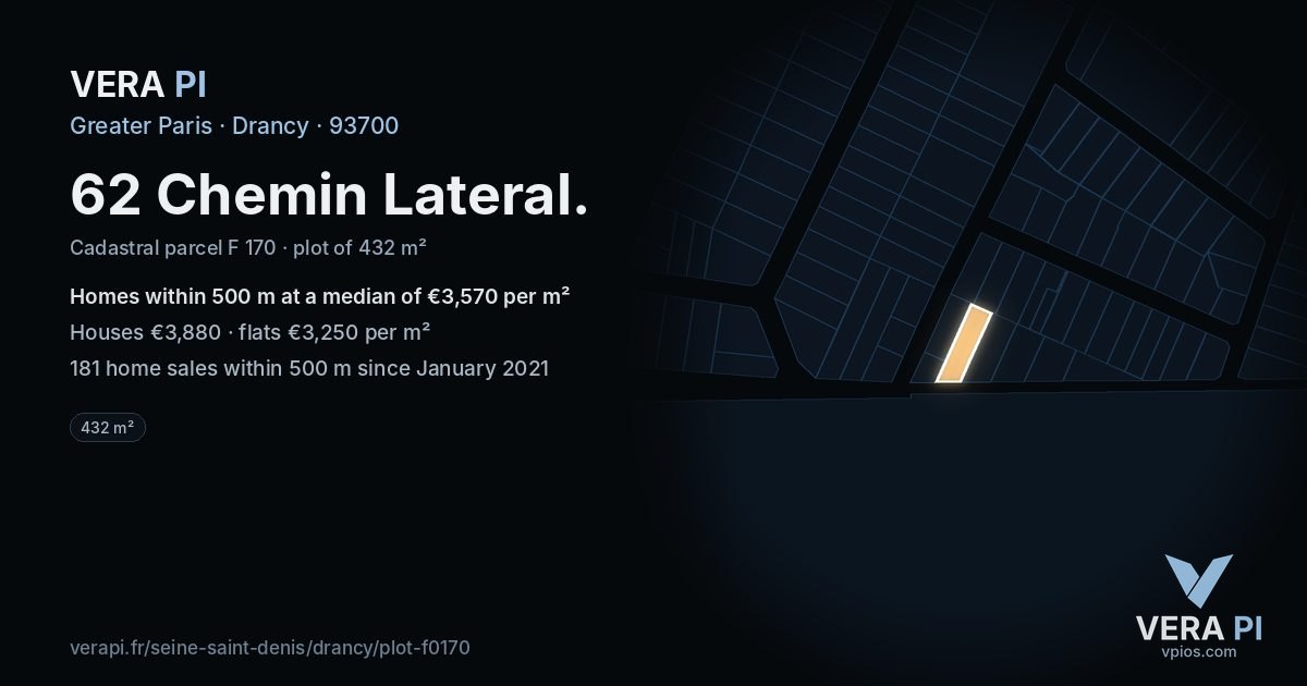 62 Chemin Lateral, Drancy at night – the plot lit, the parcels around coloured by the prices near them