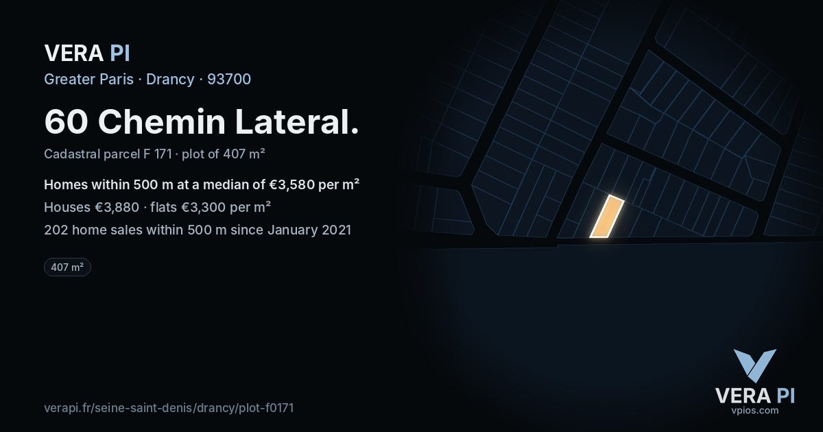 60 Chemin Lateral, Drancy at night – the plot lit, the parcels around coloured by the prices near them