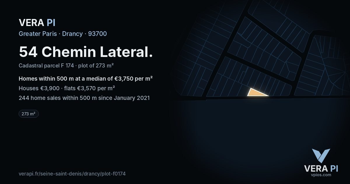 54 Chemin Lateral, Drancy at night – the plot lit, the parcels around coloured by the prices near them
