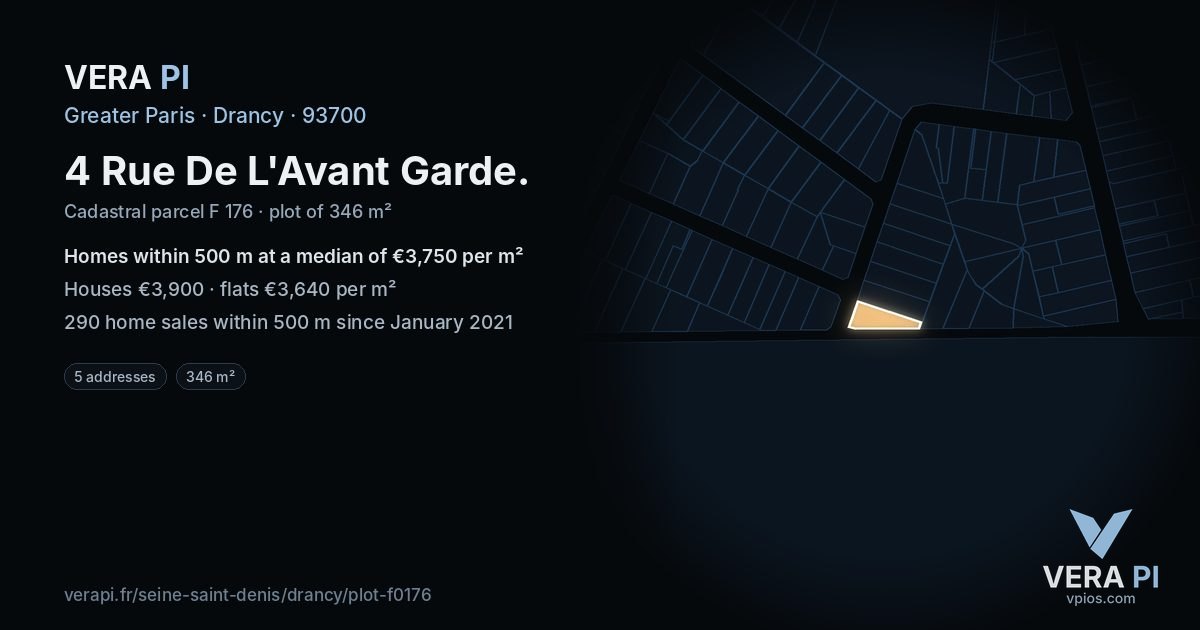 4 Rue De L'Avant Garde, Drancy at night – the plot lit, the parcels around coloured by the prices near them