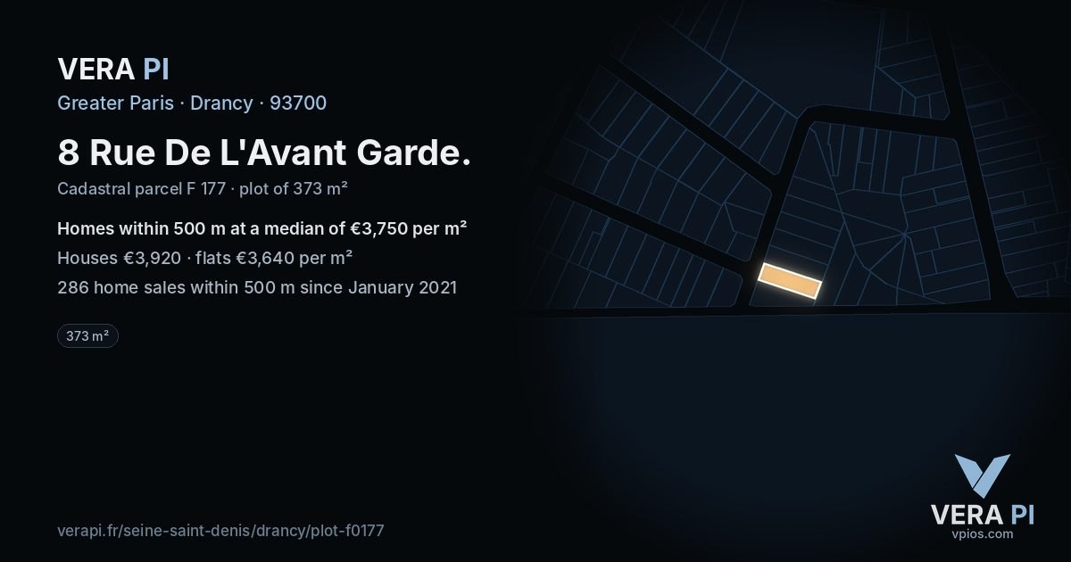 8 Rue De L'Avant Garde, Drancy at night – the plot lit, the parcels around coloured by the prices near them