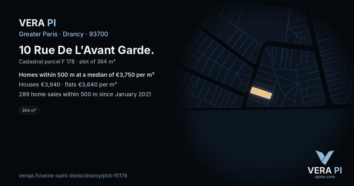 10 Rue De L'Avant Garde, Drancy at night – the plot lit, the parcels around coloured by the prices near them
