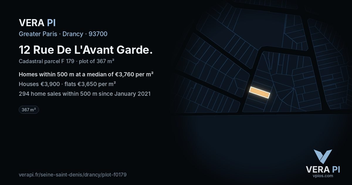 12 Rue De L'Avant Garde, Drancy at night – the plot lit, the parcels around coloured by the prices near them