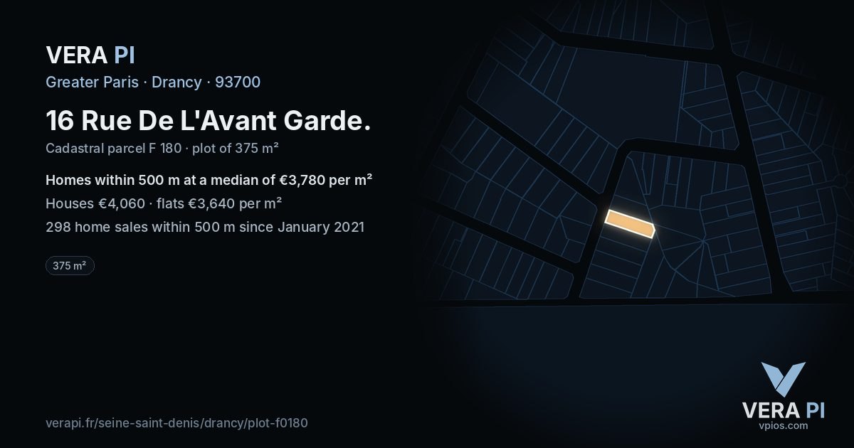 16 Rue De L'Avant Garde, Drancy at night – the plot lit, the parcels around coloured by the prices near them