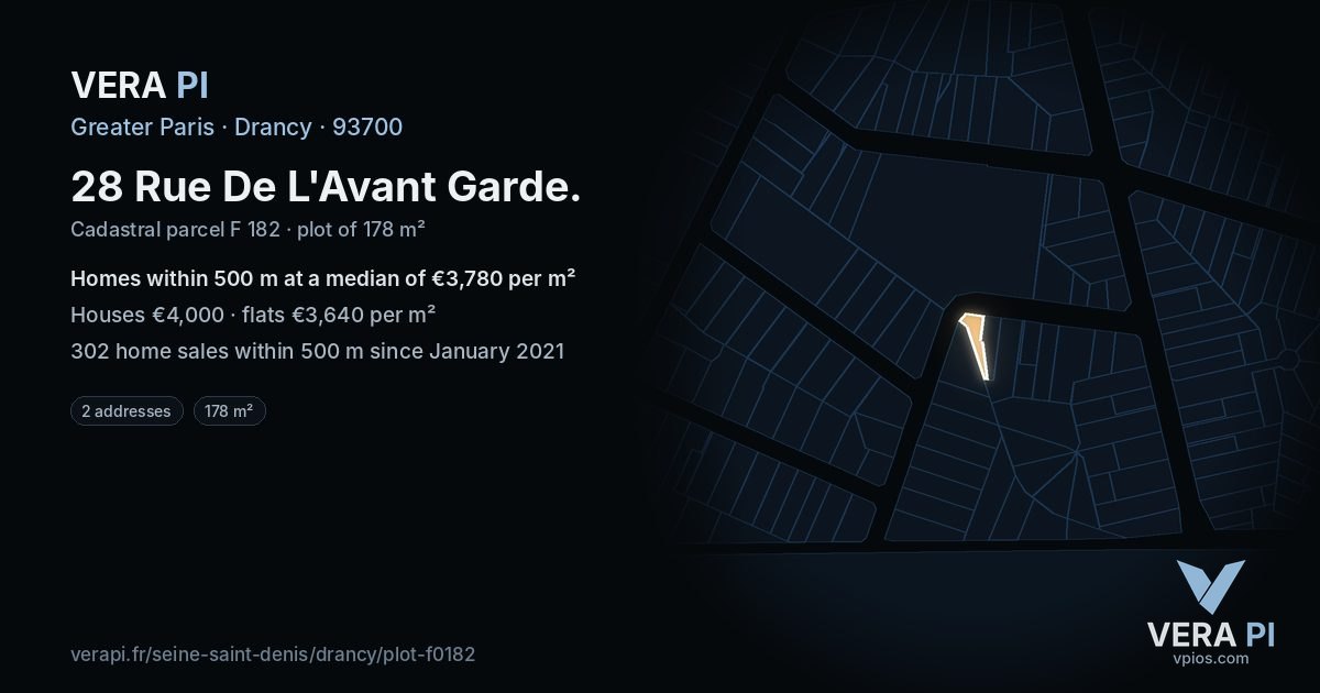 28 Rue De L'Avant Garde, Drancy at night – the plot lit, the parcels around coloured by the prices near them
