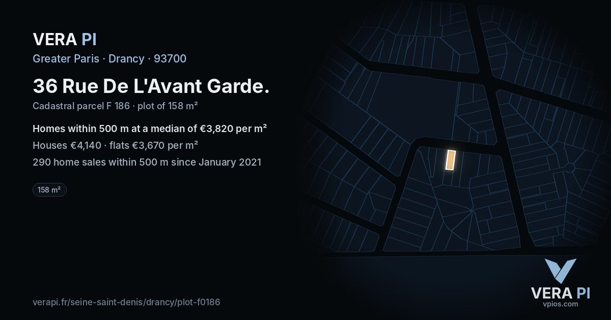 36 Rue De L'Avant Garde, Drancy at night – the plot lit, the parcels around coloured by the prices near them