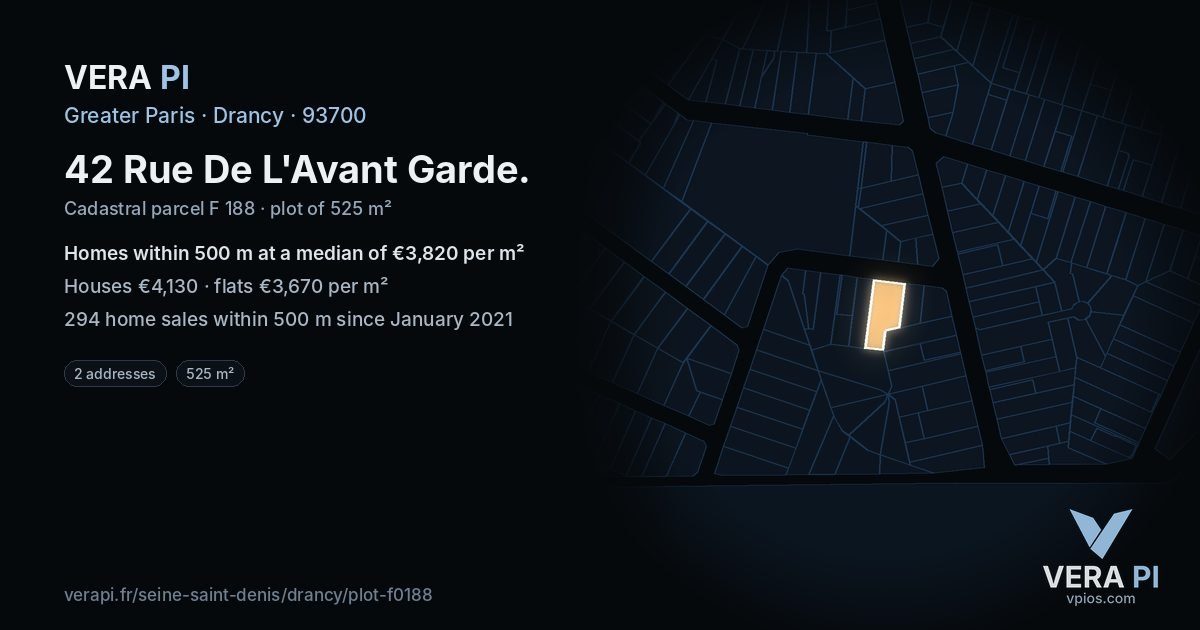 42 Rue De L'Avant Garde, Drancy at night – the plot lit, the parcels around coloured by the prices near them