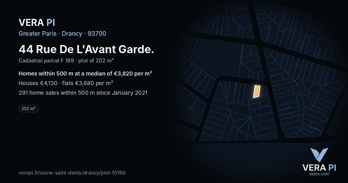 44 Rue De L'Avant Garde, Drancy at night – the plot lit, the parcels around coloured by the prices near them