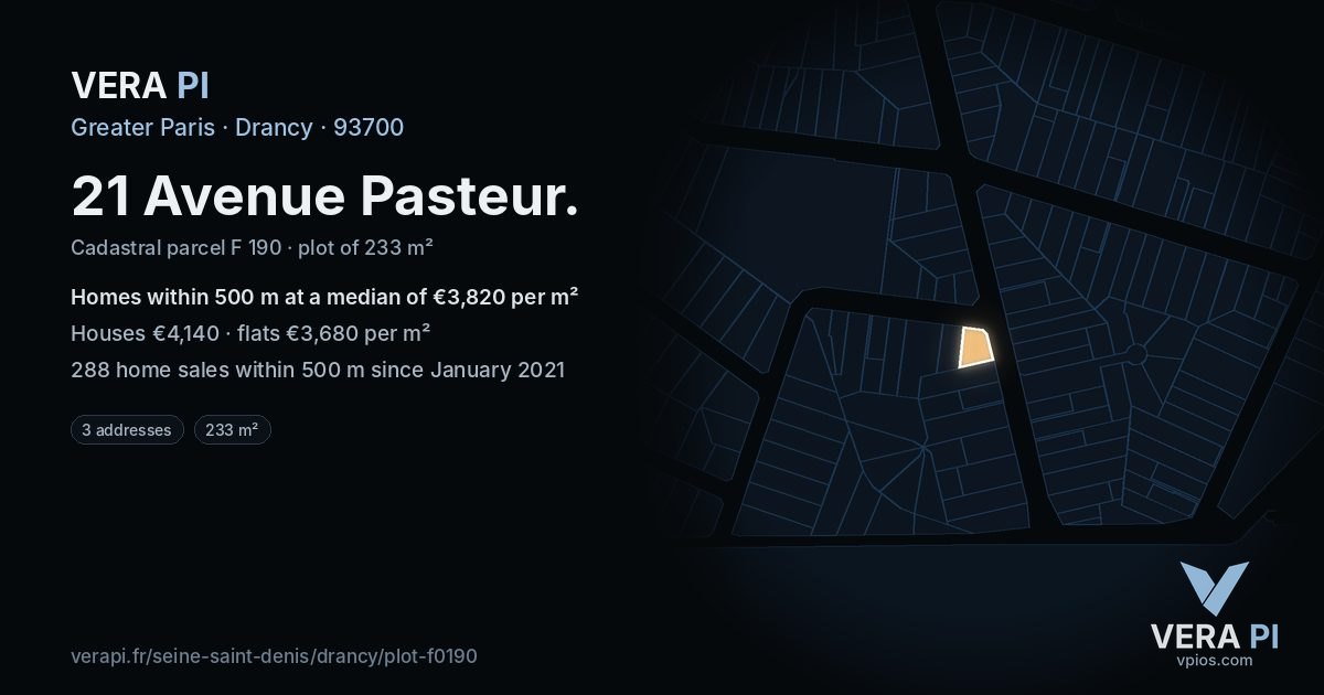 21 Avenue Pasteur, Drancy at night – the plot lit, the parcels around coloured by the prices near them