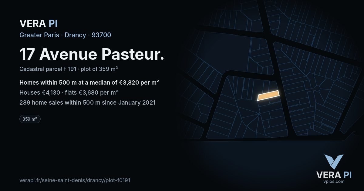 17 Avenue Pasteur, Drancy at night – the plot lit, the parcels around coloured by the prices near them