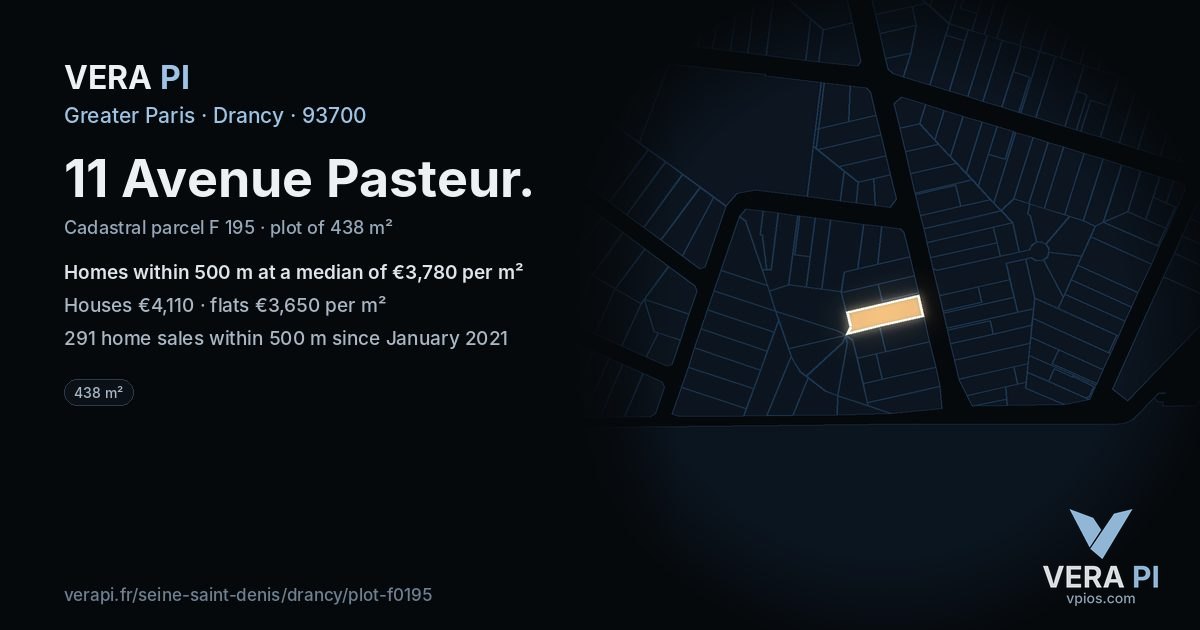 11 Avenue Pasteur, Drancy at night – the plot lit, the parcels around coloured by the prices near them