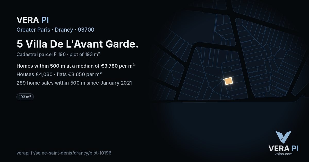 5 Villa De L'Avant Garde, Drancy at night – the plot lit, the parcels around coloured by the prices near them