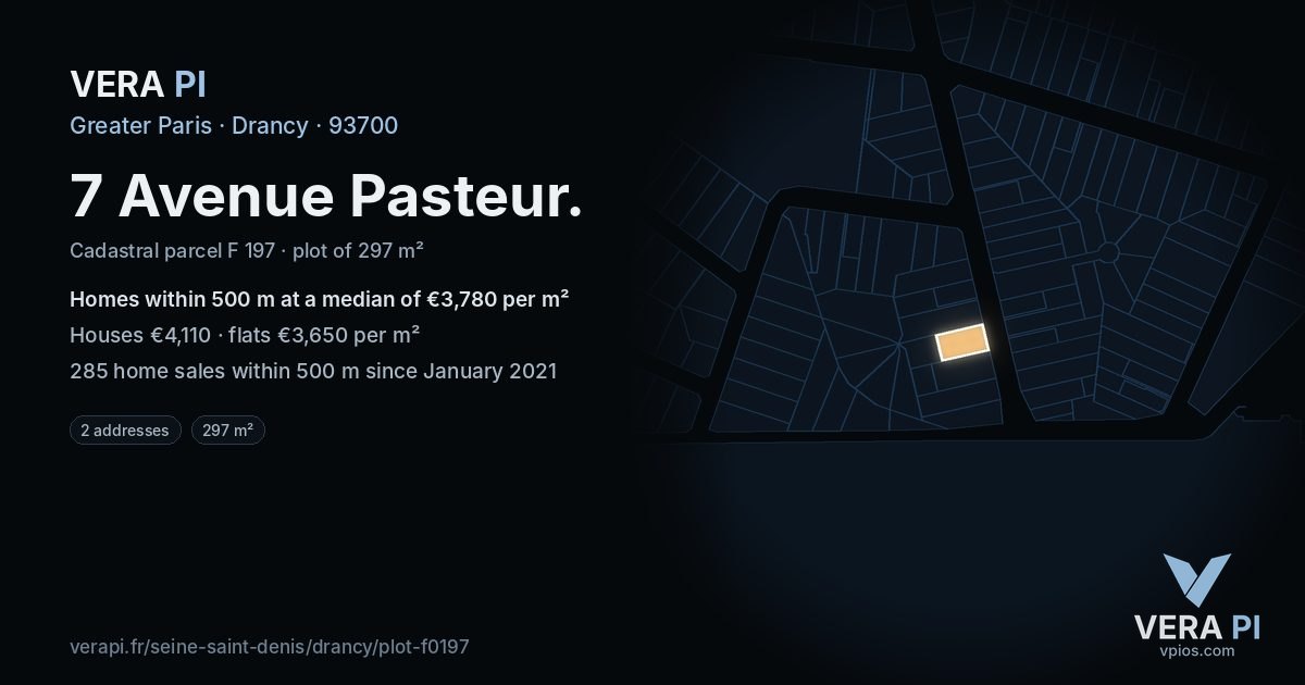 7 Avenue Pasteur, Drancy at night – the plot lit, the parcels around coloured by the prices near them