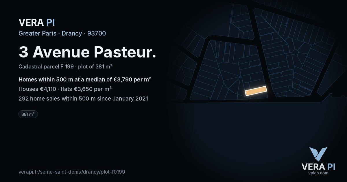 3 Avenue Pasteur, Drancy at night – the plot lit, the parcels around coloured by the prices near them