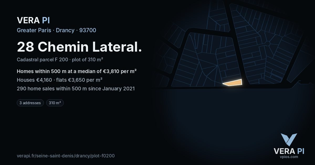 28 Chemin Lateral, Drancy at night – the plot lit, the parcels around coloured by the prices near them