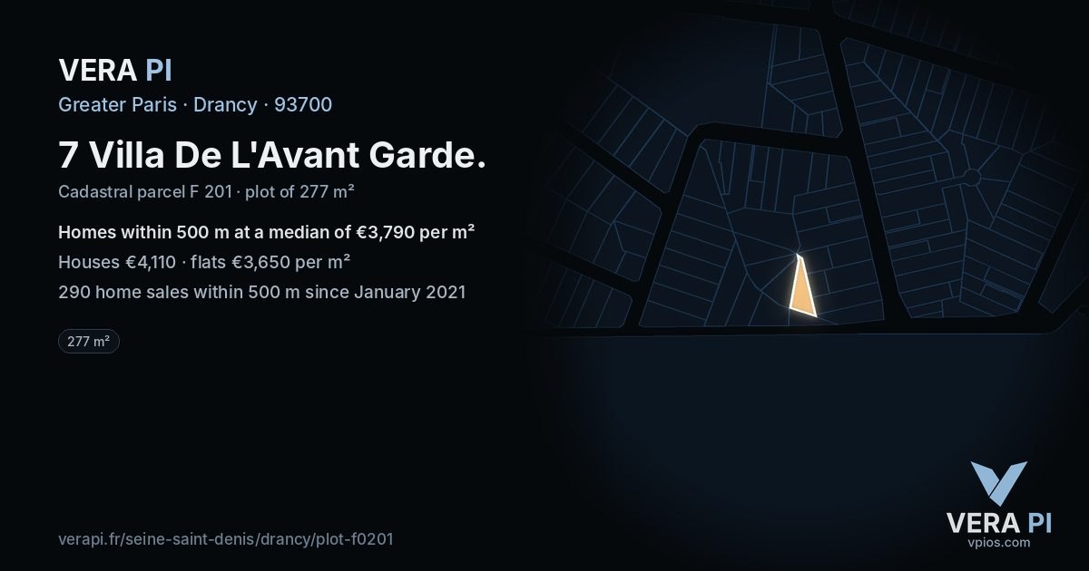 7 Villa De L'Avant Garde, Drancy at night – the plot lit, the parcels around coloured by the prices near them