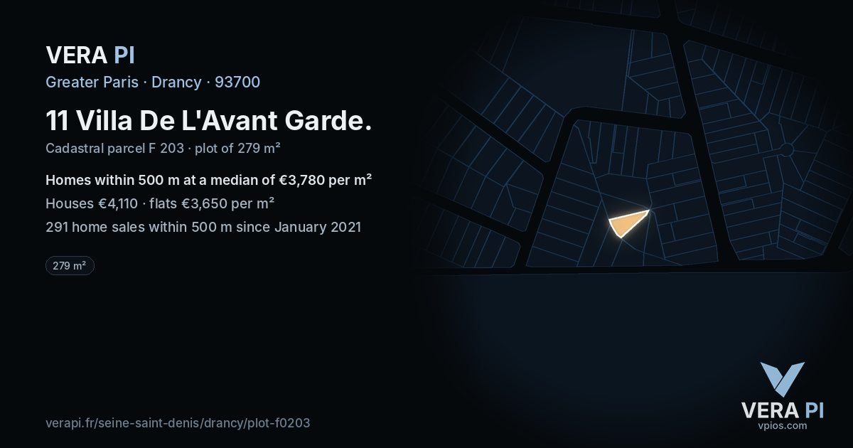 11 Villa De L'Avant Garde, Drancy at night – the plot lit, the parcels around coloured by the prices near them