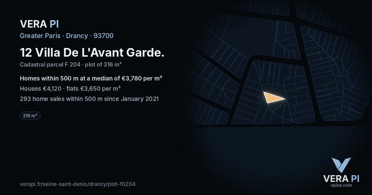 12 Villa De L'Avant Garde, Drancy at night – the plot lit, the parcels around coloured by the prices near them