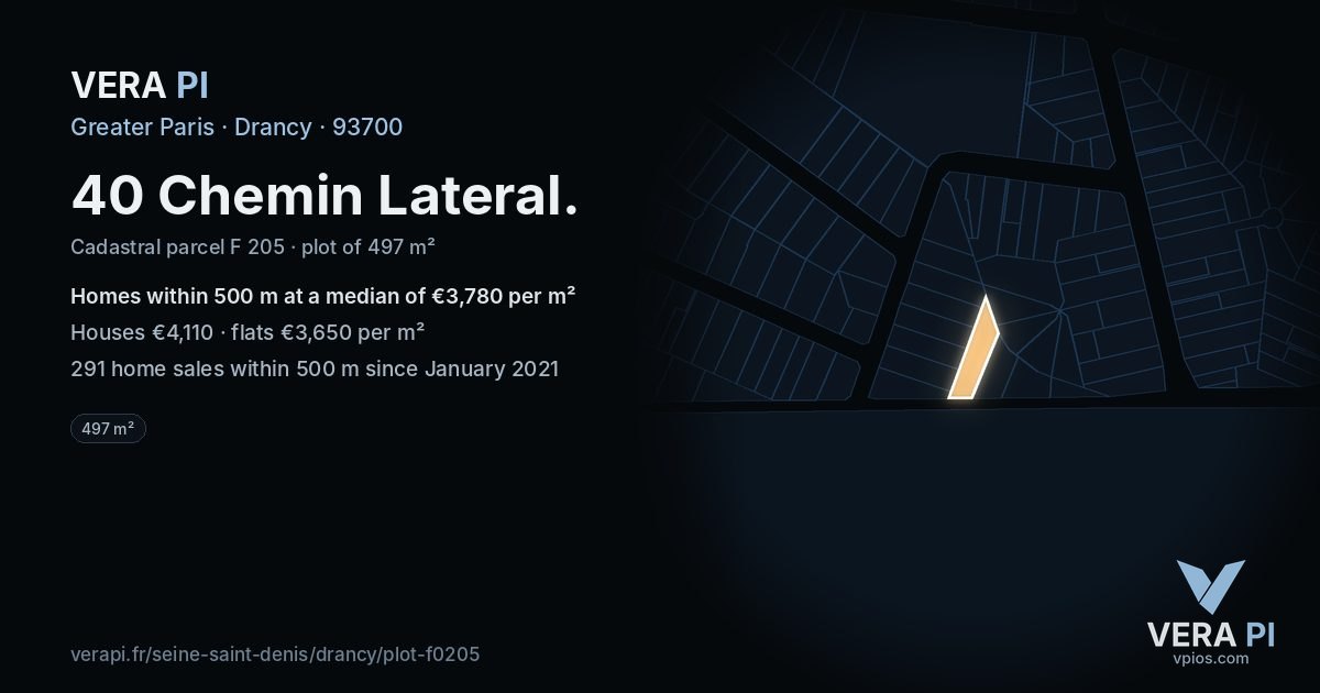 40 Chemin Lateral, Drancy at night – the plot lit, the parcels around coloured by the prices near them