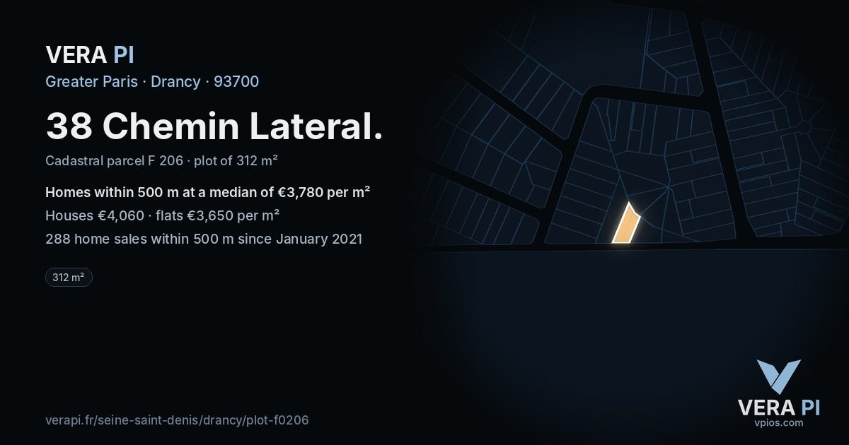 38 Chemin Lateral, Drancy at night – the plot lit, the parcels around coloured by the prices near them