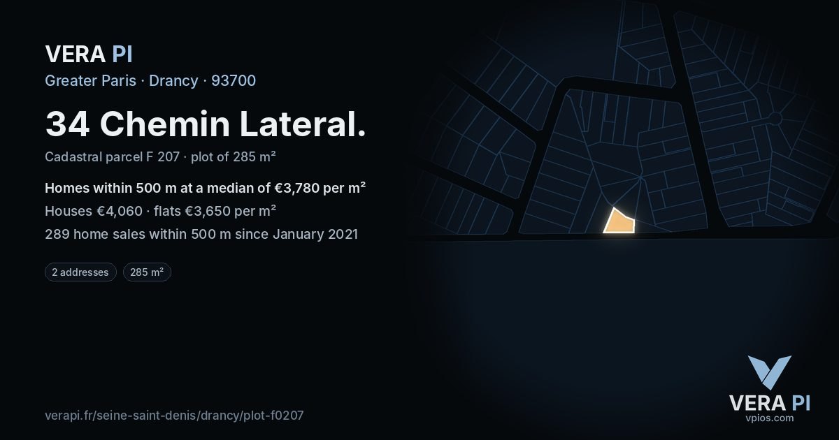 34 Chemin Lateral, Drancy at night – the plot lit, the parcels around coloured by the prices near them