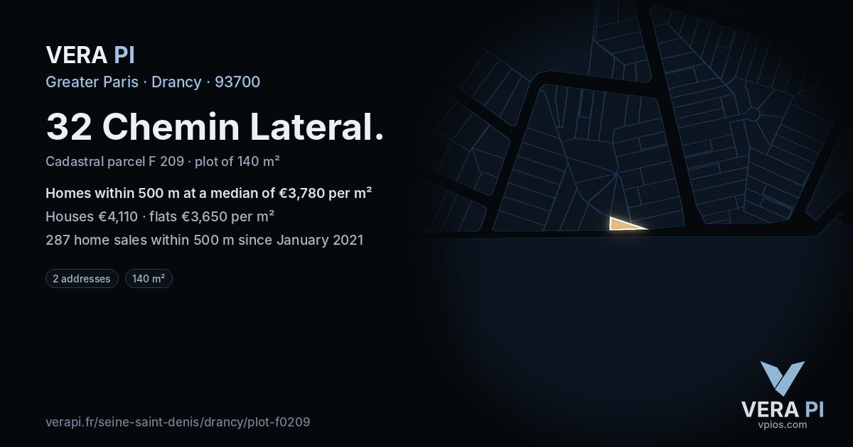 32 Chemin Lateral, Drancy at night – the plot lit, the parcels around coloured by the prices near them