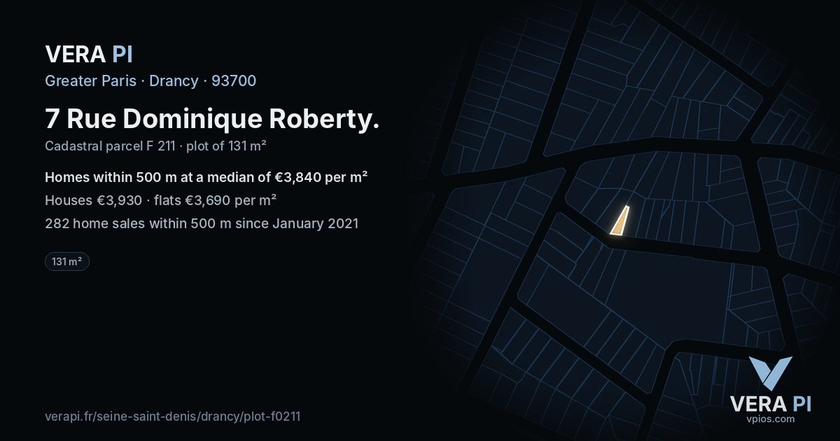 7 Rue Dominique Roberty, Drancy at night – the plot lit, the parcels around coloured by the prices near them
