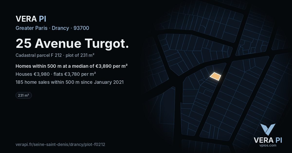 25 Avenue Turgot, Drancy at night – the plot lit, the parcels around coloured by the prices near them