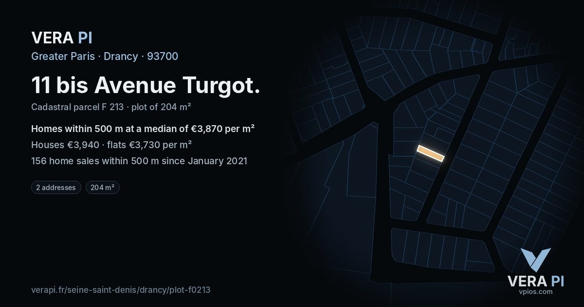 11 bis Avenue Turgot, Drancy at night – the plot lit, the parcels around coloured by the prices near them